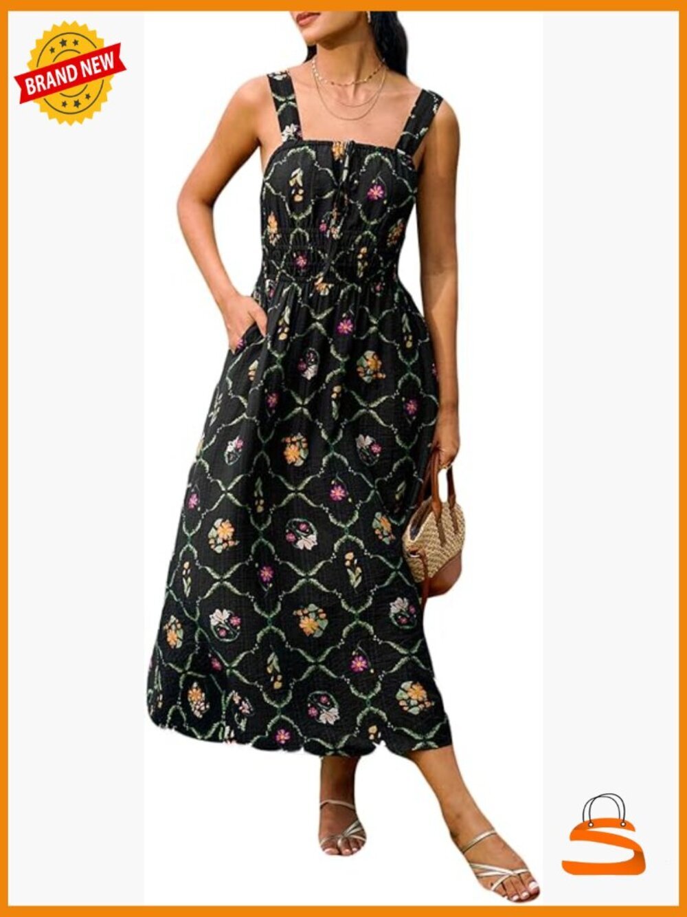 Backless Summer Midi Dress Square Neck Smocked Waist Floral Beach Dress Pockets